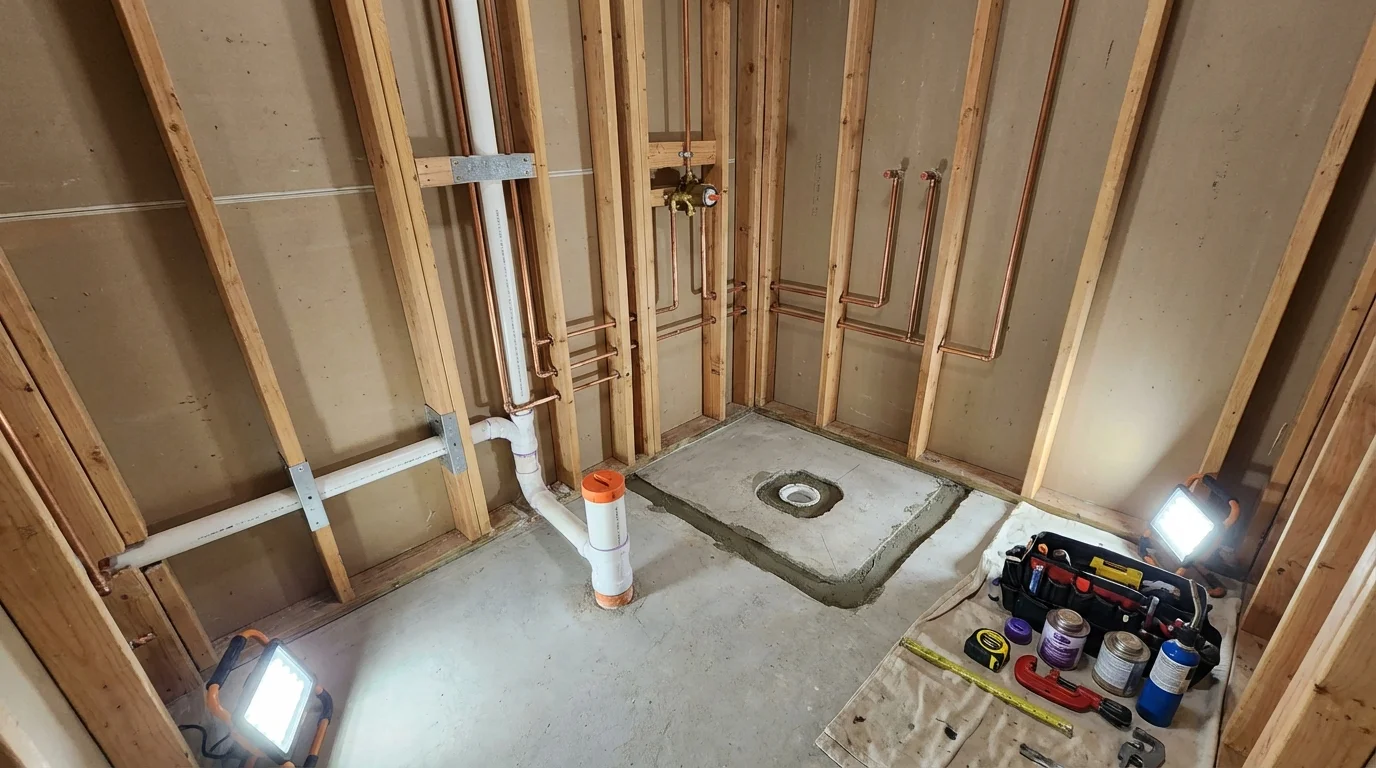 Bathroom rough-in plumbing during remodel by Johns Plumbing LLC in Masontown