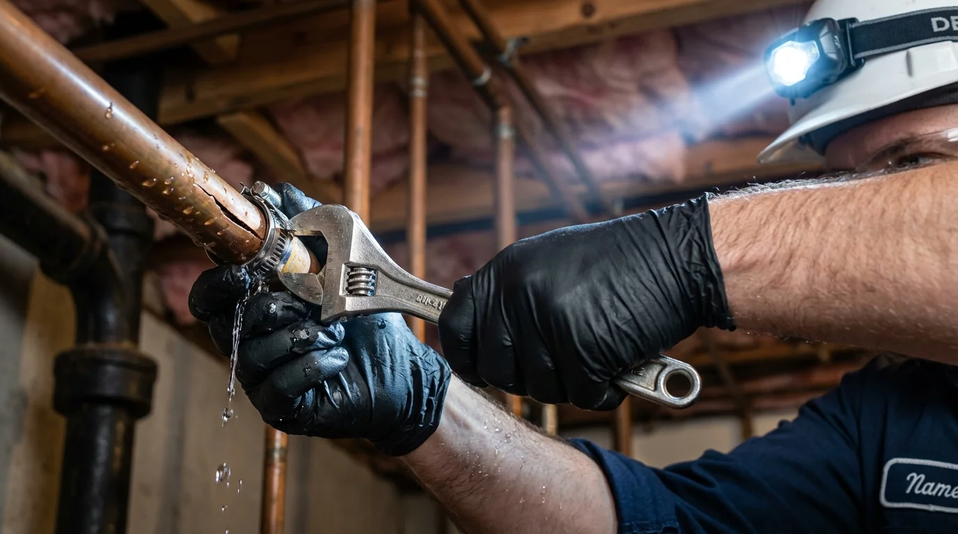 Emergency pipe clamp repair being performed by a Johns Plumbing LLC plumber in Masontown