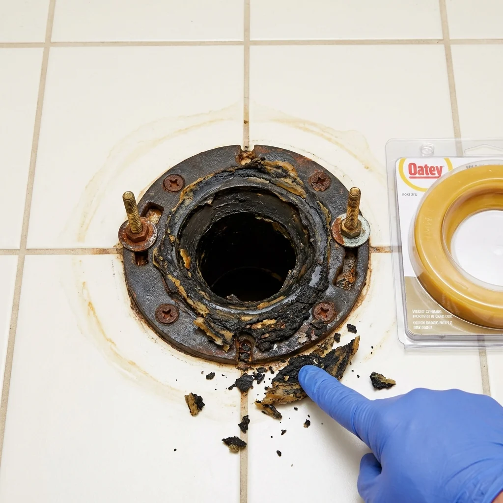 Failed wax ring showing water seepage at the base of a toilet in a Masontown, PA home