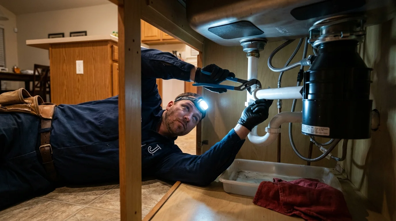 P-trap and supply line connections under a kitchen sink showing a common leak point in Masontown, PA